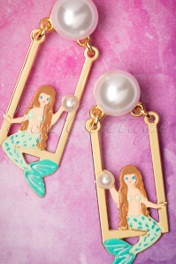 N2 - Little Mermaid On Her Swing And Pearl Earrings Années 50 Plaqué Or 3