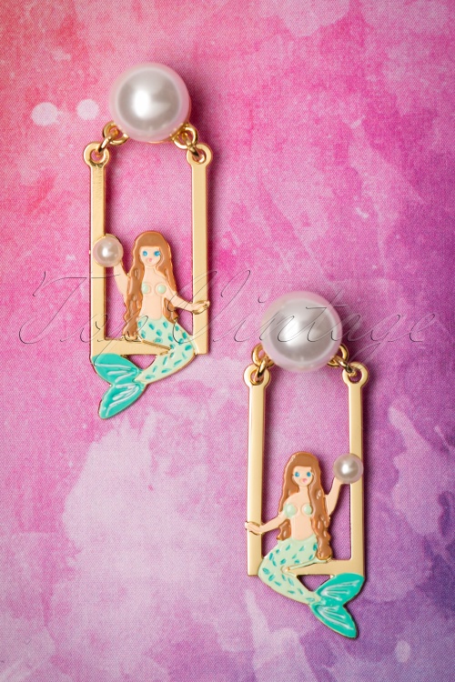 N2 - Little Mermaid On Her Swing And Pearl Earrings Années 50 Plaqué Or