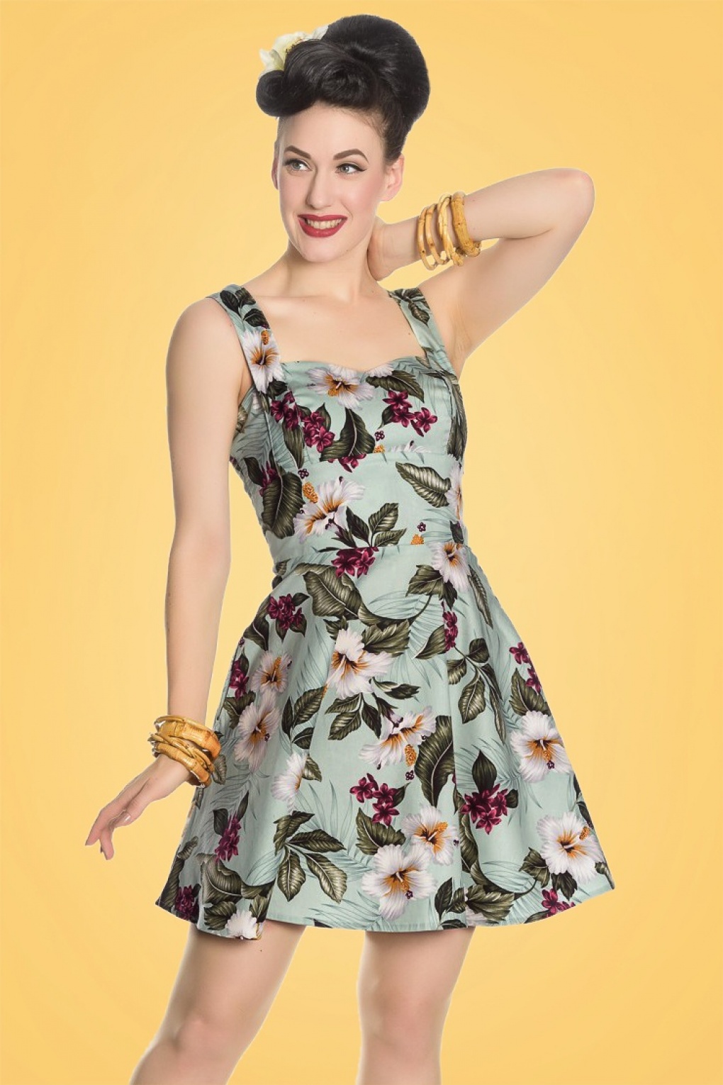 50s Tahiti Floral Mini Dress in Mint Green