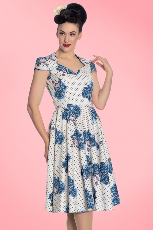 Bunny - 50s Lori Roses Swing Dress in Blue and White 5