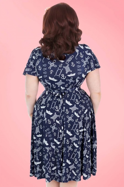 Lady Voluptuous by Lady Vintage - 50s Lyra Nautical Seahorse Dress in Navy 2