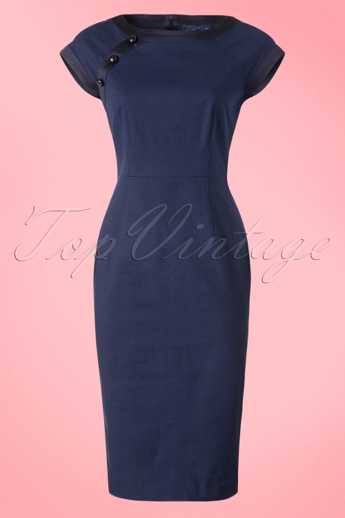 Collectif Clothing - 50s Nyoko Fishtail Pencil Dress in Navy 2