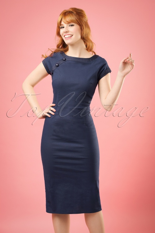 Collectif Clothing - 50s Nyoko Fishtail Pencil Dress in Navy