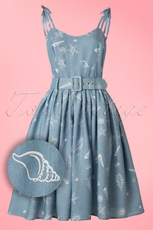 Collectif Clothing - 50s Jade Seashell Swing Dress in Denim Blue 2
