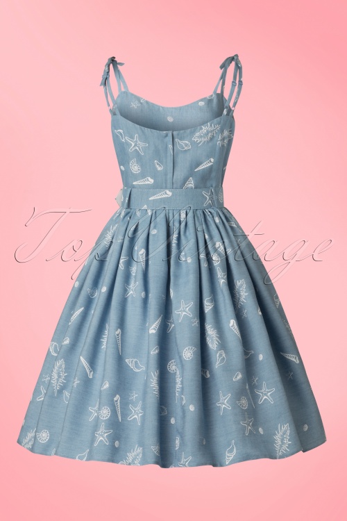 Collectif Clothing - 50s Jade Seashell Swing Dress in Denim Blue 8