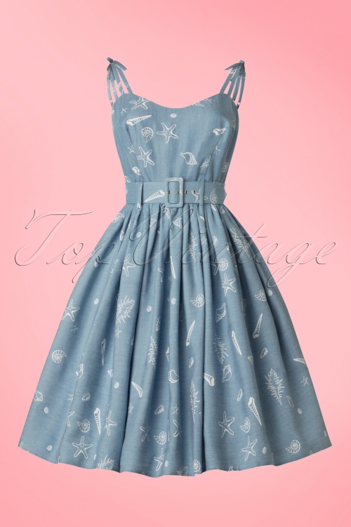 Collectif Clothing - 50s Jade Seashell Swing Dress in Denim Blue 3