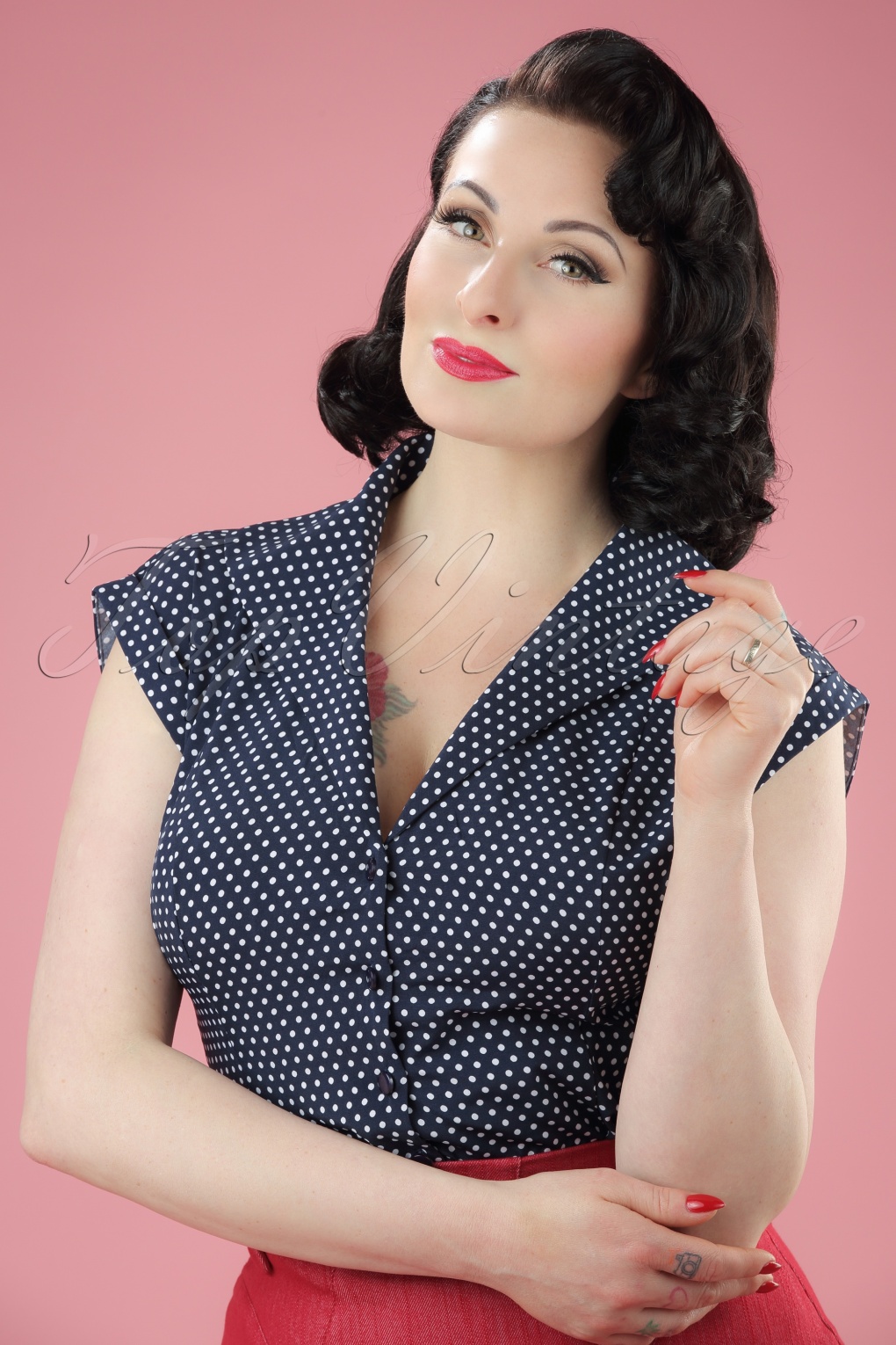 50s Lovely Day Polkadot Blouse in Navy and White