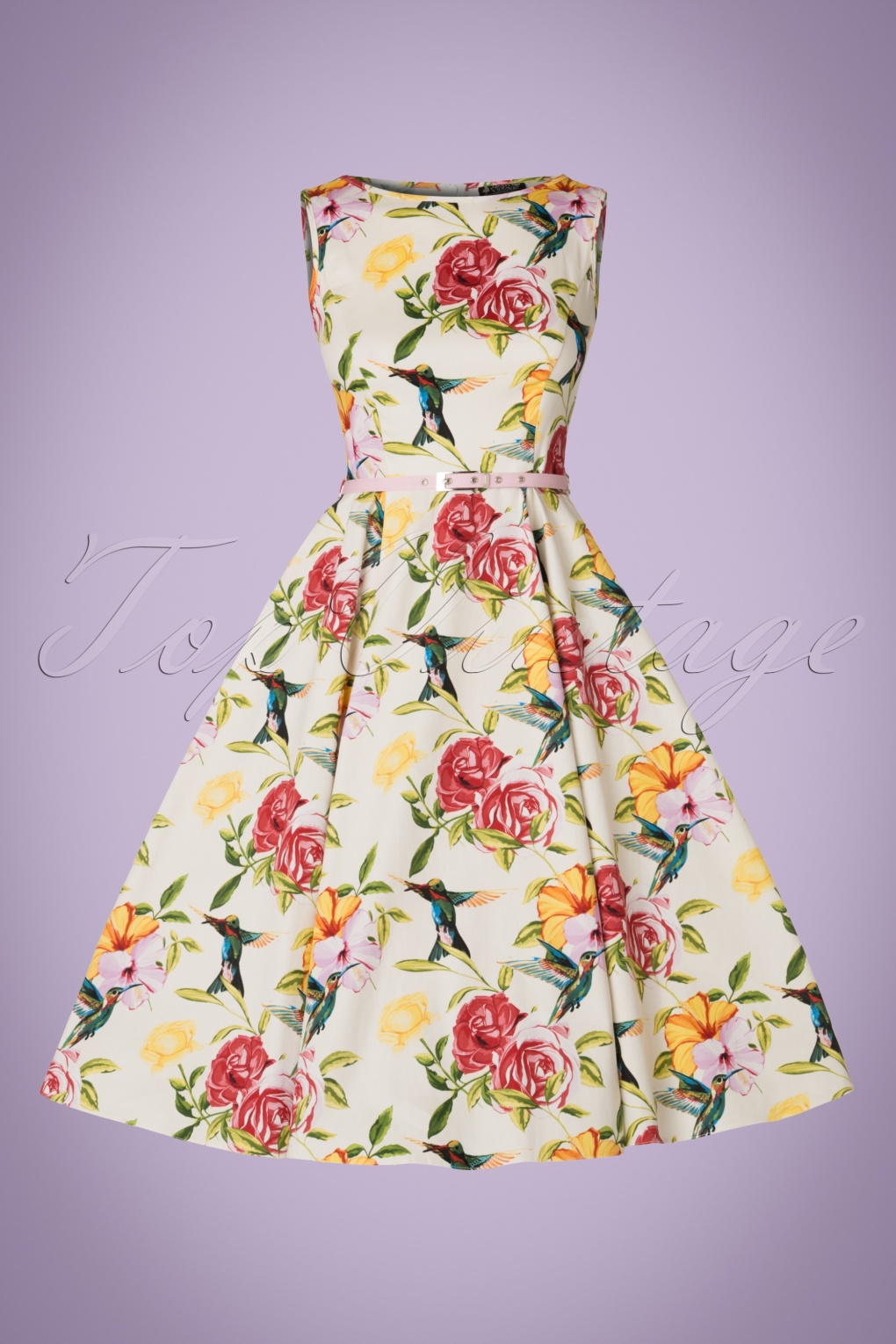 50s Hepburn Humming Birds Swing Dress in Ivory