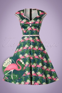 Lady V by Lady Vintage - Isabella Fabulous Flamingo Swingjurk in groen 2