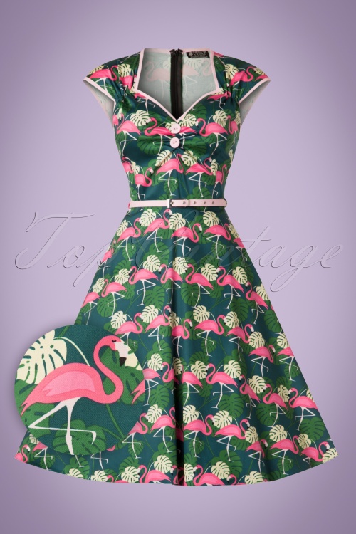 Lady V by Lady Vintage - Isabella Fabulous Flamingo Swingjurk in groen 2