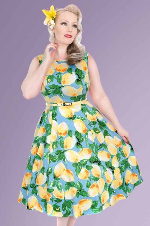 Lady V by Lady Vintage - 50s Hepburn Lemon Swing Dress in Light Blue 7