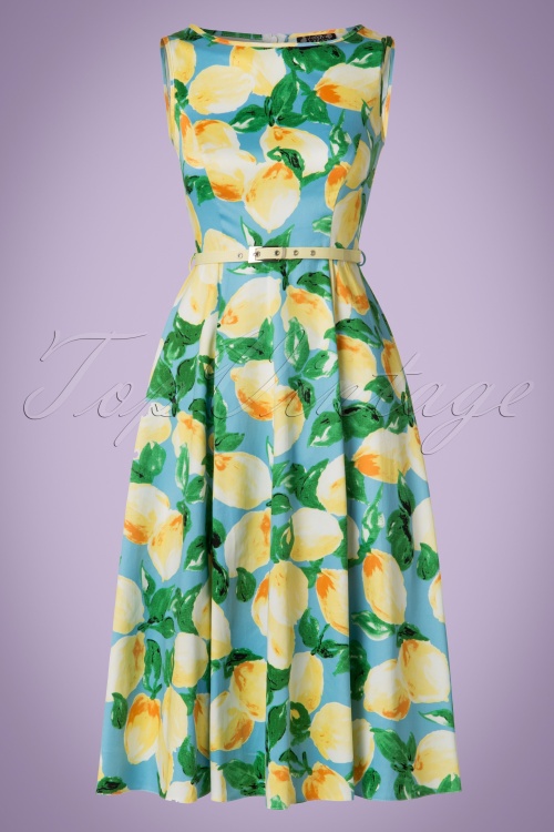 Lady V by Lady Vintage - 50s Hepburn Lemon Swing Dress in Light Blue 3