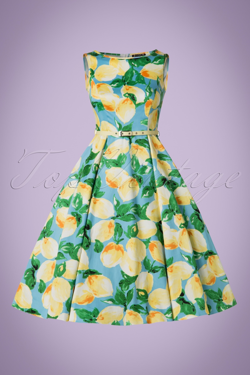 50s Hepburn Lemon Swing Dress In Light Blue