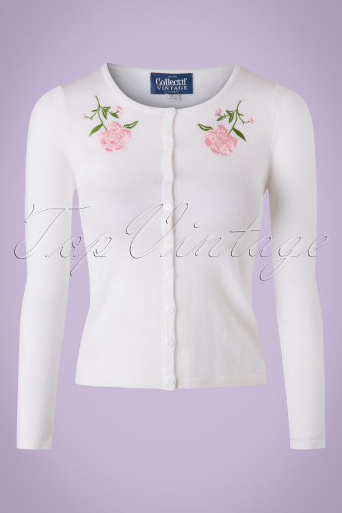 Collectif Clothing - Jo Vintage Rose Cardigan Années 50 en Ivoire