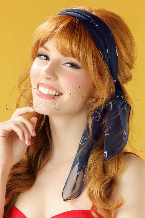 Unique Vintage - Sail Away Anchor Hair Scarf Années 50 en Bleu Marine