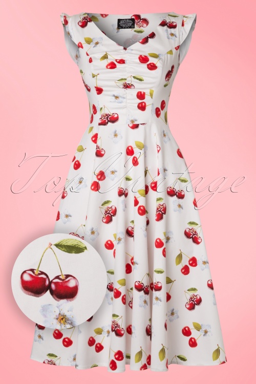 Hearts & Roses - 50s Sweet Cherries Swing Dress in White 2