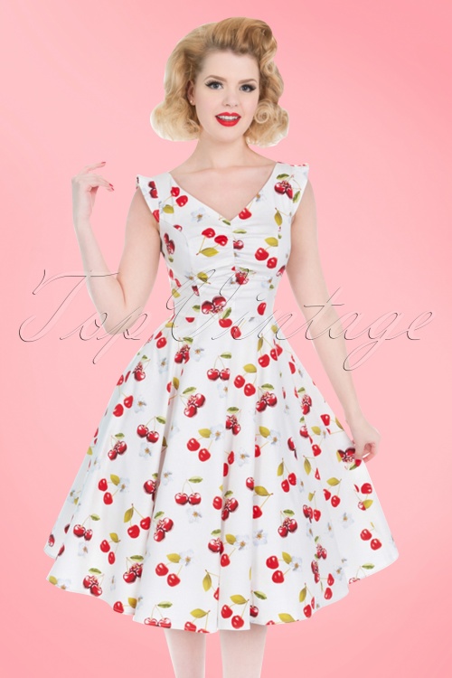 Hearts & Roses - 50s Sweet Cherries Swing Dress in White 4