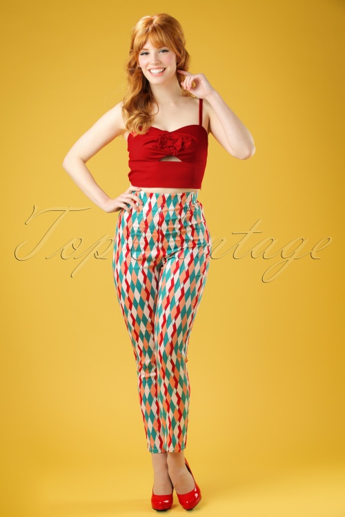 Collectif Clothing - Bonnie Atomic Harlequin Trousers Années 50 en Rouge et Jade
