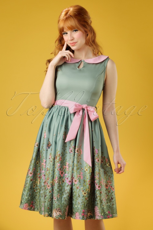 Lindy Bop - 50s Beattie Countryside Floral Swing Dress in Green