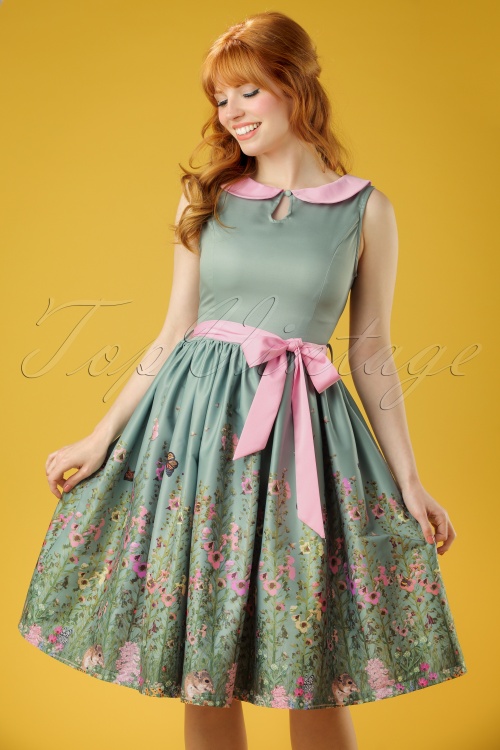 Lindy Bop - 50s Beattie Countryside Floral Swing Dress in Green 2