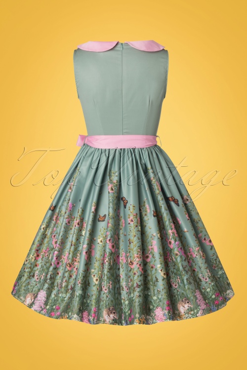Lindy Bop - 50s Beattie Countryside Floral Swing Dress in Green 6