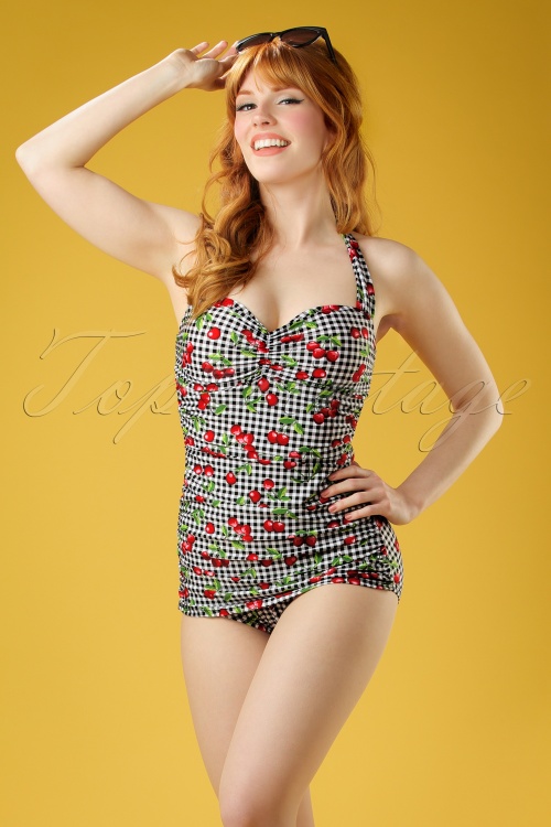 Bettie Page Swimwear - 50s Cherry Gingham One Piece Swimsuit in Black and White