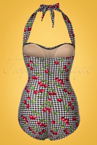 Bettie Page Swimwear - 50s Cherry Gingham One Piece Swimsuit in Black and White 3