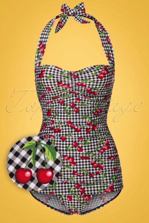 Bettie Page Swimwear - 50s Cherry Gingham One Piece Swimsuit in Black and White 2