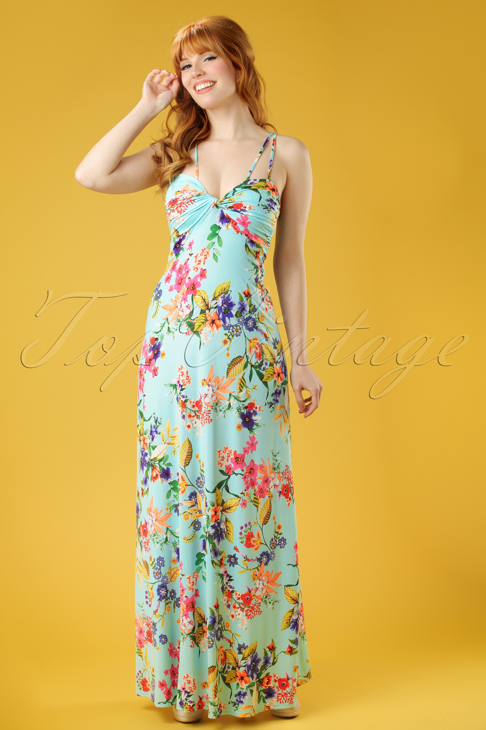 Vintage Chic for Topvintage - Tropische maxi-jurk met meerdere bandjes in aqua