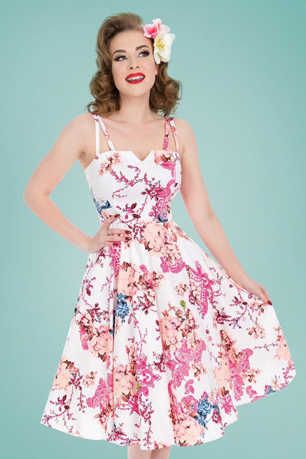S Heavenly Vintage Floral Swing Dress In White