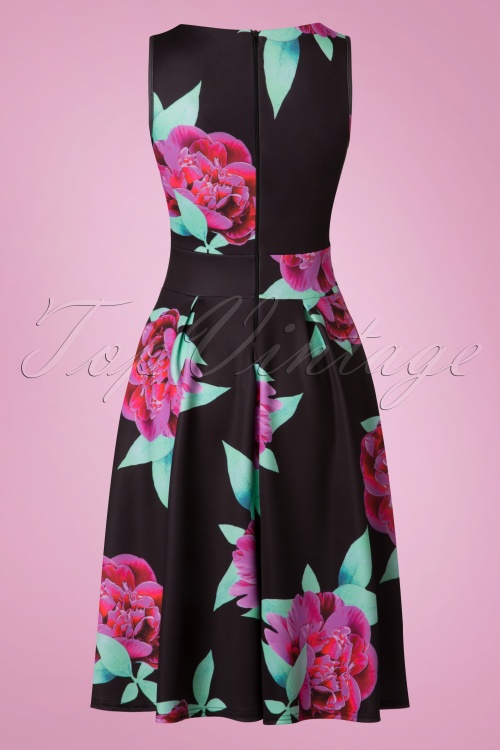 Vintage Chic for Topvintage - Veronica bloemen flare-jurk in zwart 4