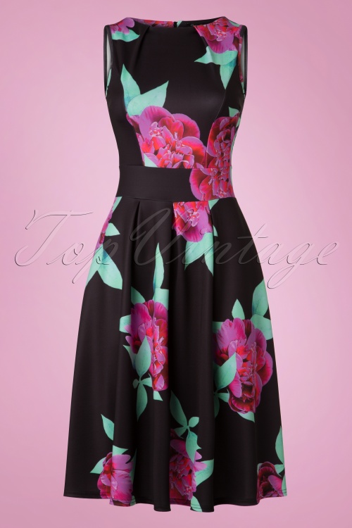 Vintage Chic for Topvintage - Veronica bloemen flare-jurk in zwart