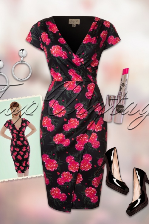 Lindy Bop - 50s Georgiana Camellia Flower Pencil Dress in Black 8