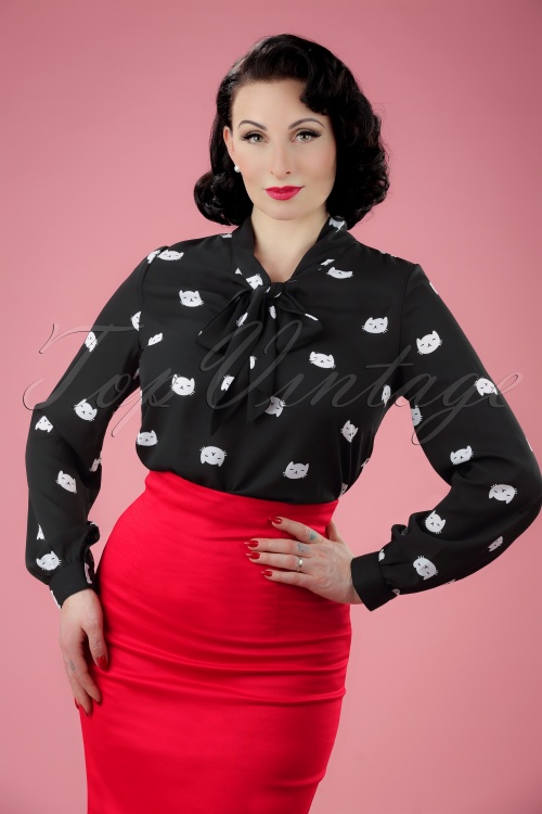 Retrolicious - 60s Cat Bow Blouse in Black