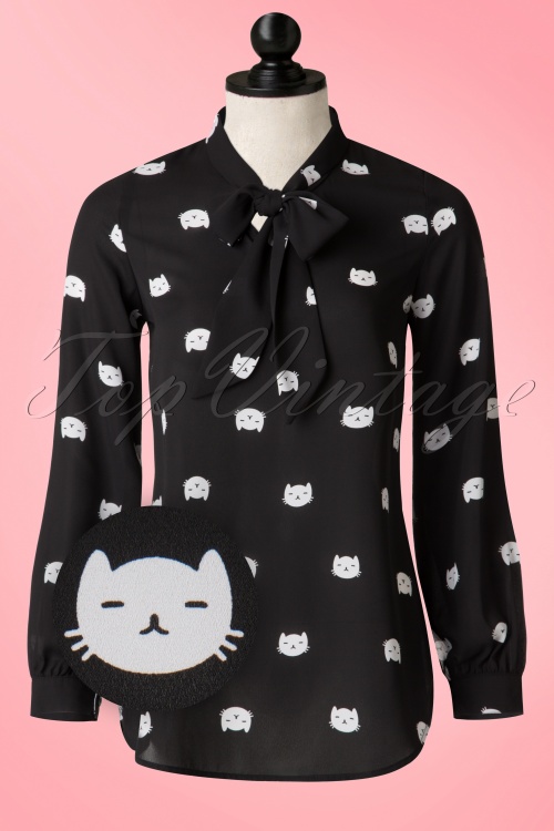 Retrolicious - 60s Cat Bow Blouse in Black 2