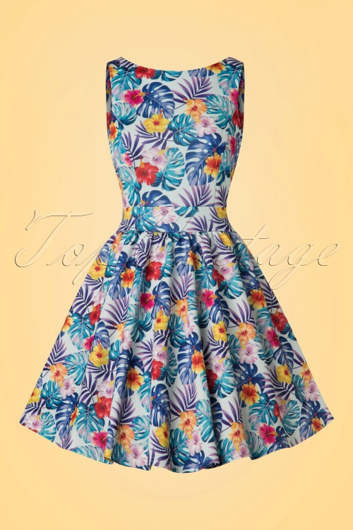 Lady V by Lady Vintage - TopVintage exclusive ~ 50s Tea Tropical Leaves Swing Dress in Light Blue 3