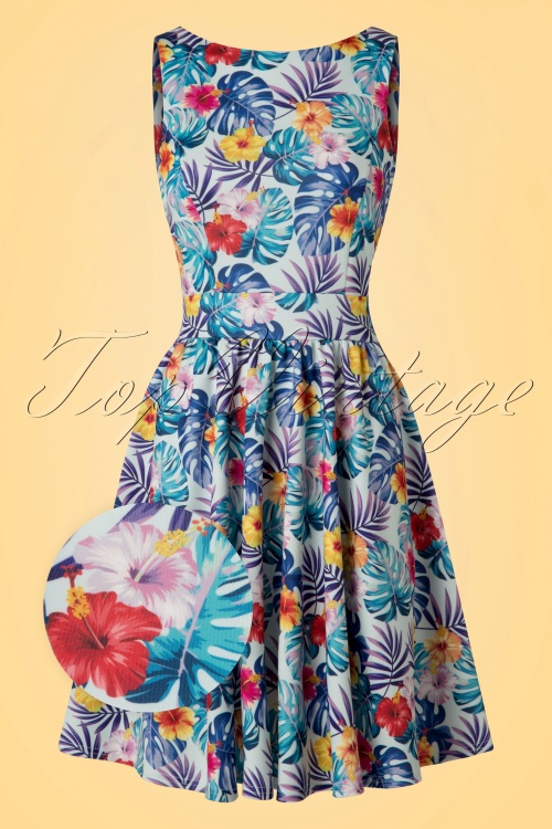 Lady V by Lady Vintage - Exklusiv von TopVintage ~ Tea Tropical Leaves Swing-Kleid in Hellblau 2
