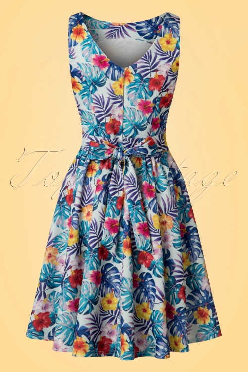 Lady V by Lady Vintage - TopVintage exclusive ~ Tea Tropical Leaves Swing Dress Années 50 en Bleu Clair 5