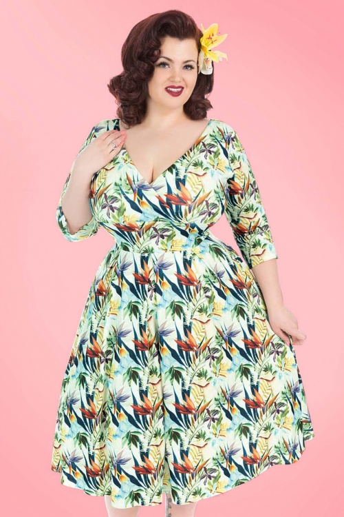 Lady Voluptuous by Lady Vintage - 50s Marcella Tropical Dress in Cream