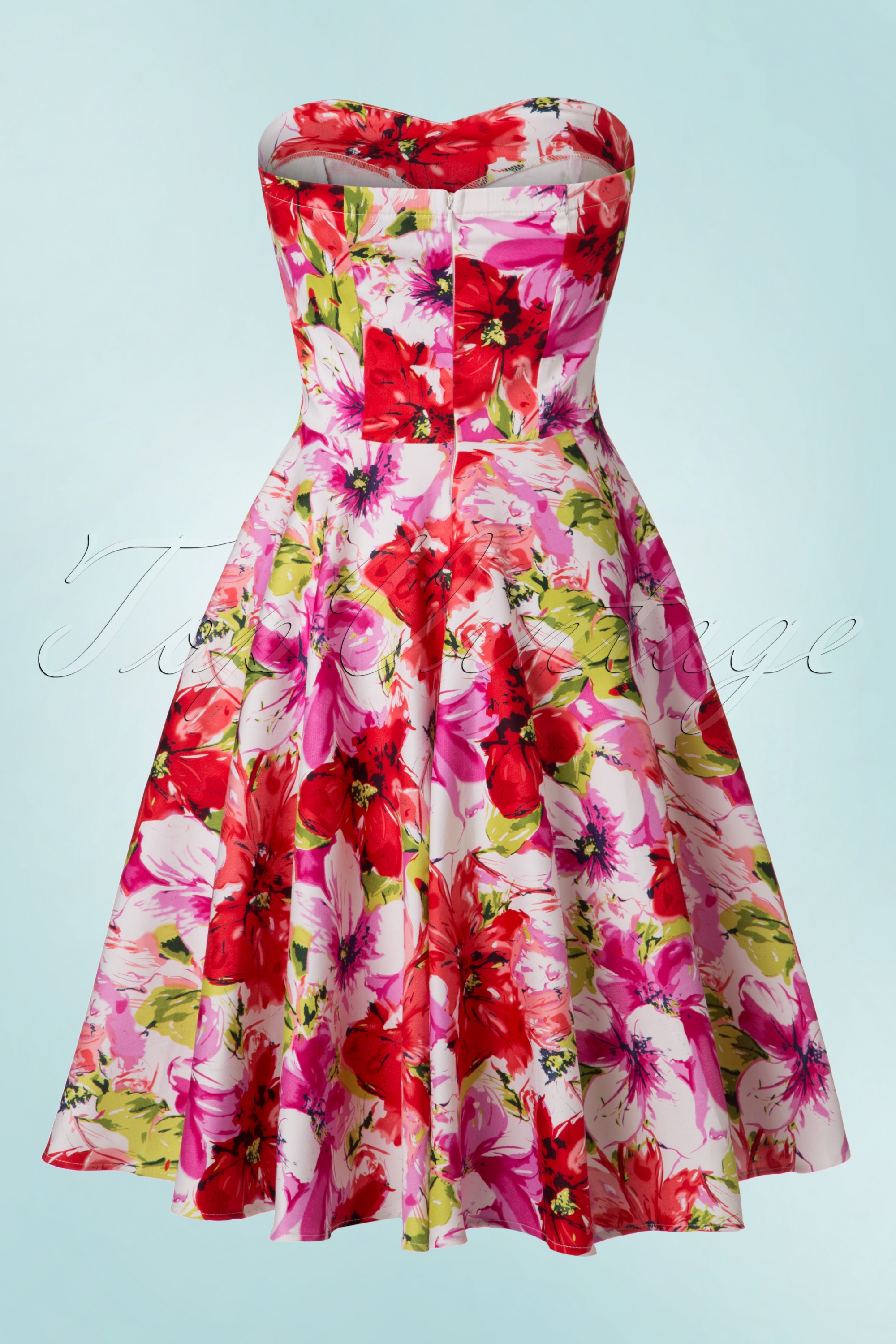 Dolly and Dotty - TopVintage Exclusive ~ Melissa roze en rode bloemen strapless swingjurk in wit 6