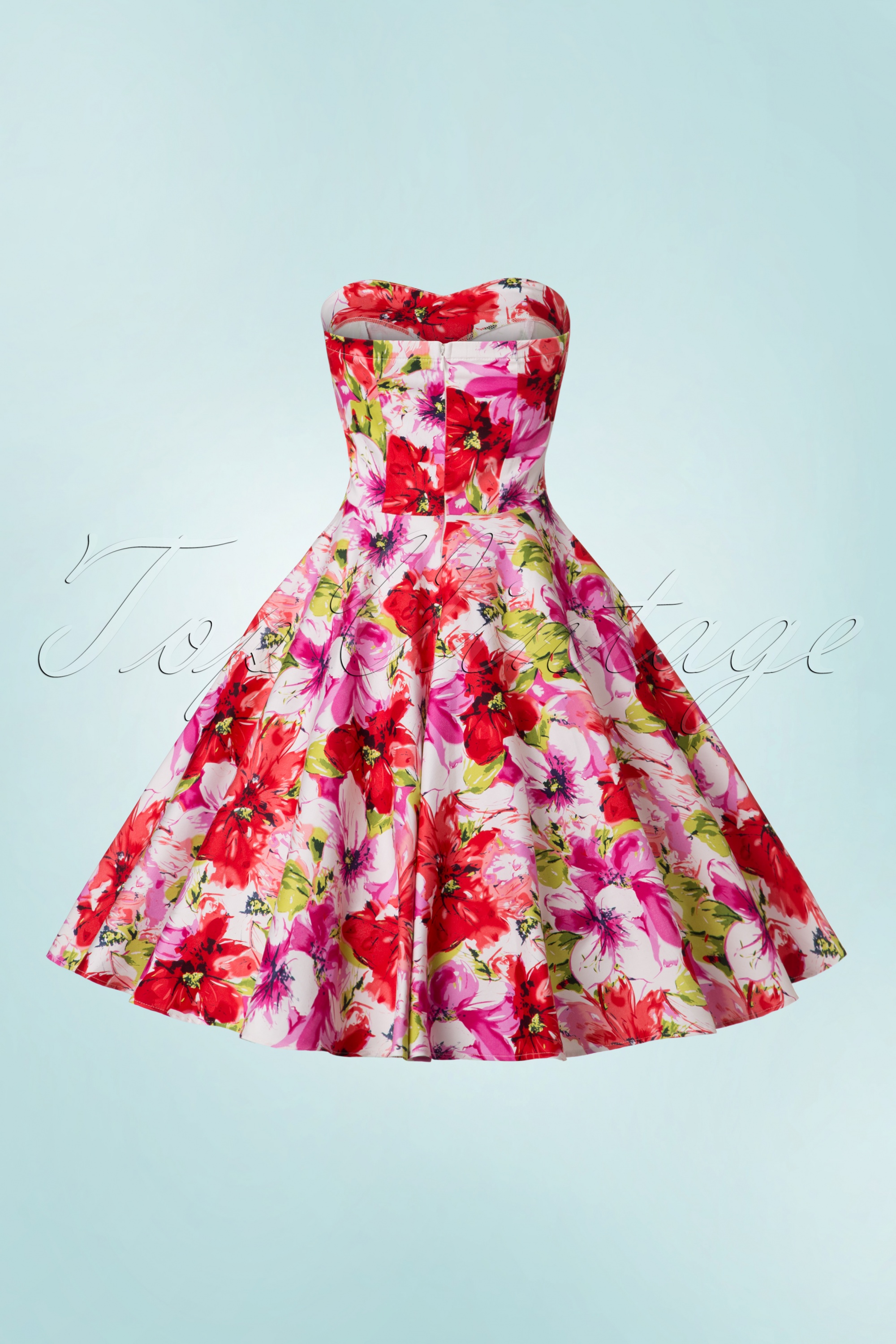 Dolly and Dotty - TopVintage Exclusive ~ Melissa roze en rode bloemen strapless swingjurk in wit 7