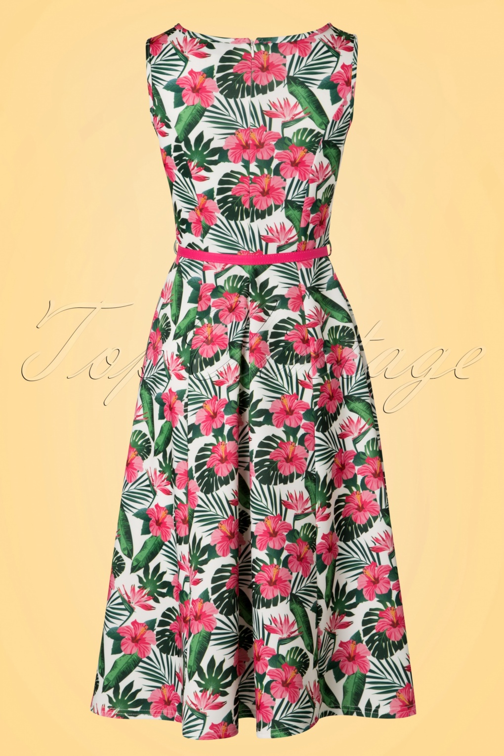 50s Hepburn Hawaiian Flowers Swing Dress in Ivory White