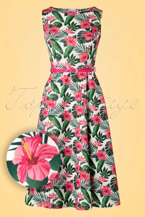 Lady V by Lady Vintage - Hepburn Hawaiian Flowers Swing-Kleid in Elfenbeinweiß