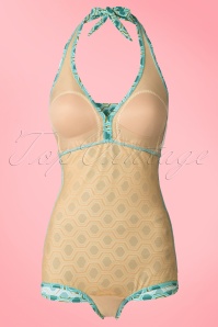 Bettie Page Swimwear - 50s Retro Rushed Halter Swimsuit in Blue and Green 7