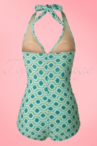 Bettie Page Swimwear - 50s Retro Rushed Halter Swimsuit in Blue and Green 5