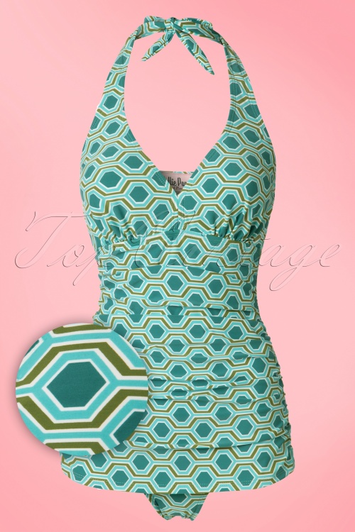 Bettie Page Swimwear - 50s Retro Rushed Halter Swimsuit in Blue and Green
