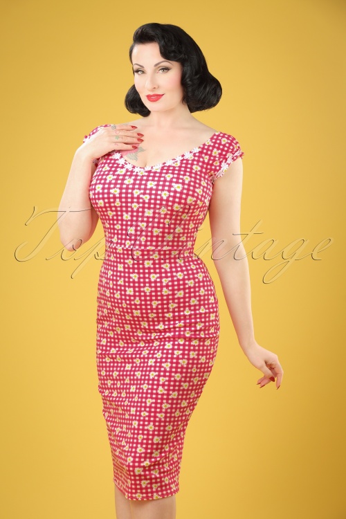Vintage Chic for Topvintage - Rachel Checked Pencil Dress Années 50 en Rouge et Blanc
