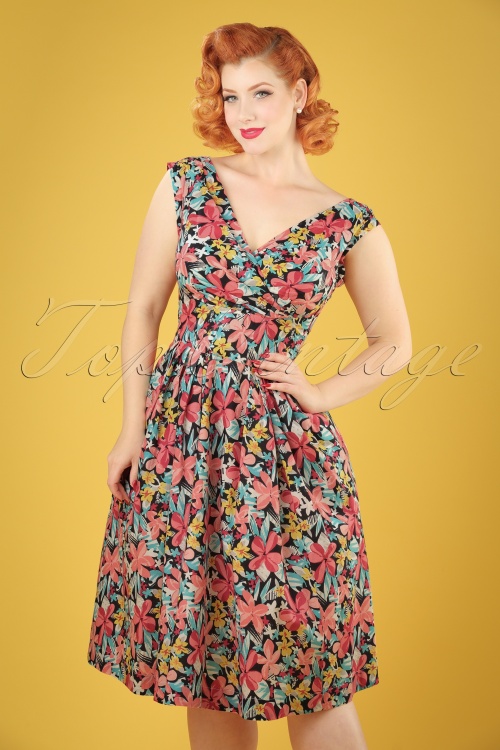Emily and Fin - Florence Exotic Blooms Dress Années 50 Multicolore