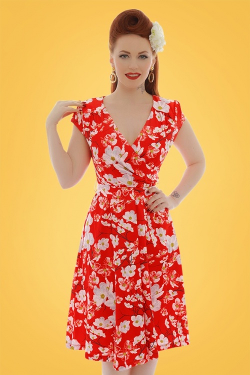 Lindy Bop - 50s Dawn Flower Swing Dress in Red 6