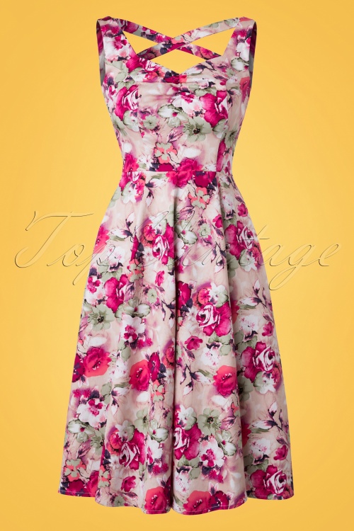Hearts & Roses - 50s Samantha Floral Swing Dress in Pink 2